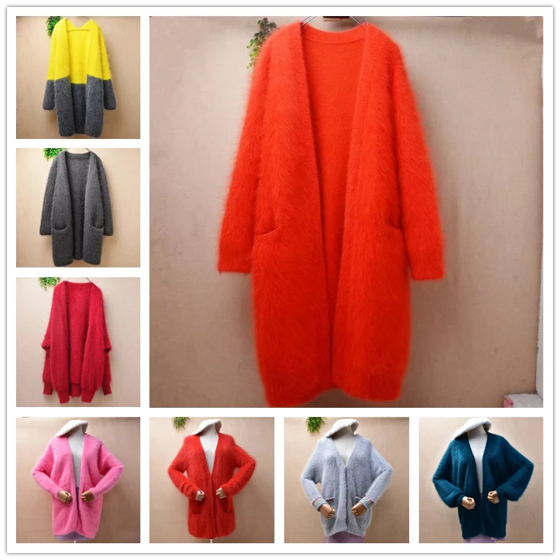 

Женский осенне-зимний модный желтый волосатый норковый кашемировый вязаный свободный пуловер с круглым вырезом и длинными рукавами, свитер из ангоры, джемпер