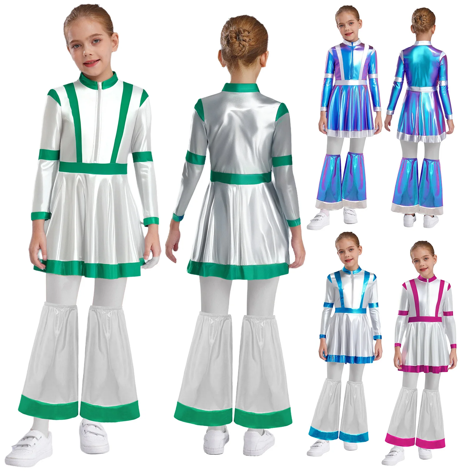 Children Girl Metallic Shiny Alien Cosplay Dress with Leg Covers Halloween Robot Galaxy Traveler Space Warrior Role Play Costume