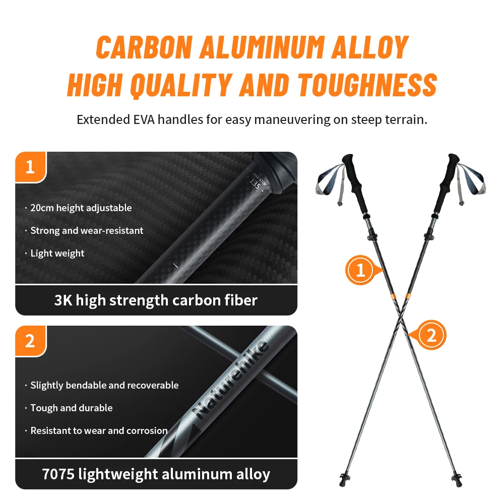 Naturehike Walking Stick Ultralight Foldable 5-section Carbon Aluminium Alloy Hiking Stick Professional Outdoor Trekking Poles