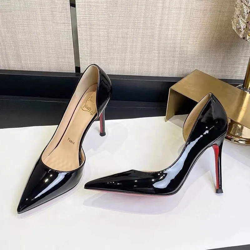 Belo nude salto alto feminino stiletto novos sapatos de sola vermelha apontou temperamento ocupação de couro envernizado