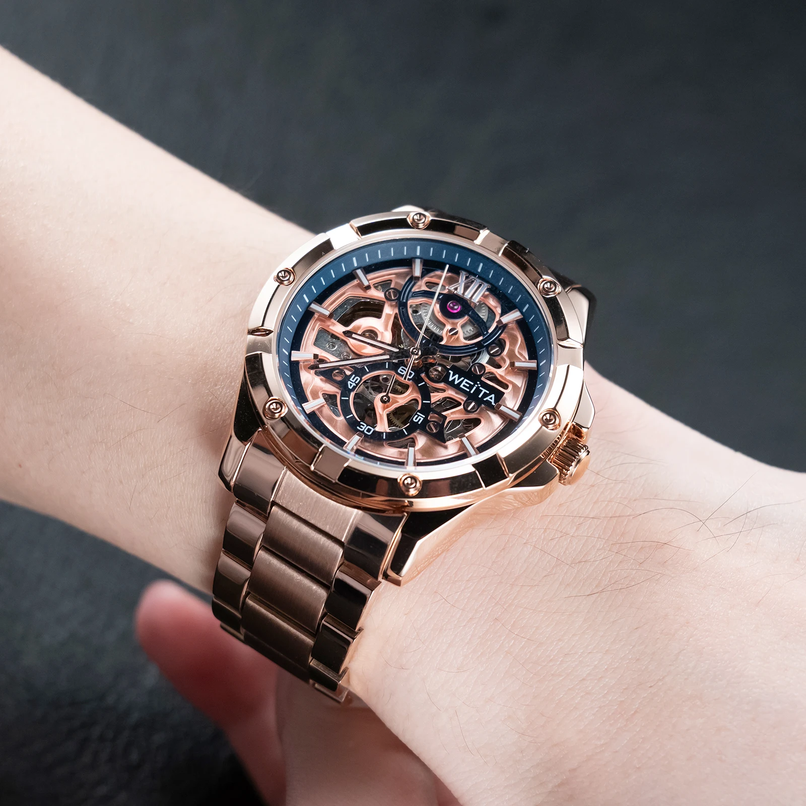 

Мужские роскошные механические часы Weita WT3100 с розовым золотом, скелетонизированным циферблатом, водонепроницаемые, автоматические, в военном стиле