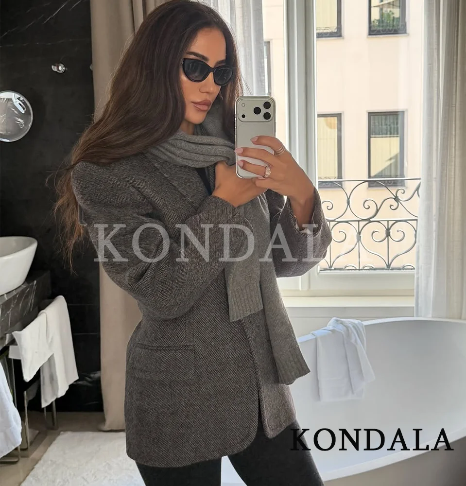 เสื้อเบลเซอร์ผสมผสานสำหรับฤดูใบไม้ร่วงและฤดูหนาว แบรนด์ KONDALA สีเทา กระดุมเดี่ยว สำหรับผู้หญิง แฟชั่นปี 2025 สไตล์หรูหรา เหมาะสำหรับใส่ทำงาน