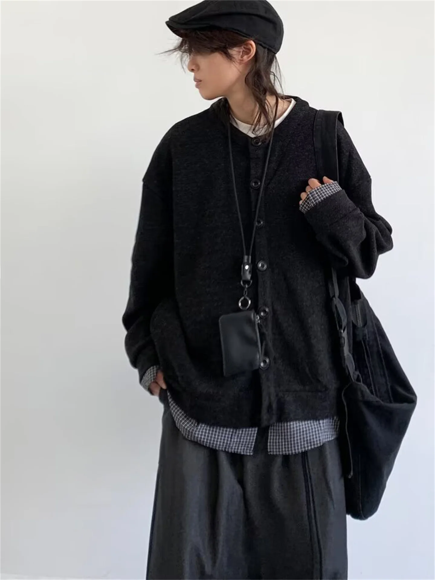 

Japanese Sle Fake Two-Piece Sweatirt Cardigan Men's Retro Plaid Splicing Baseball Collar Layering Casual Jaet