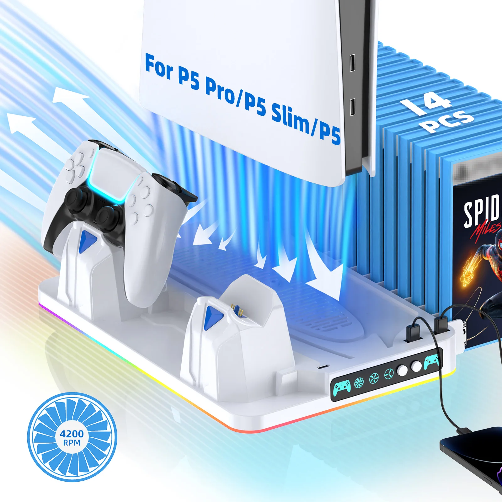 

Подставка-охладитель для PS5/PS5 Slim/PS5 Pro, док-станция для быстрой зарядки двух контроллеров, RGB-подсветка, стойка для хранения игровых дисков