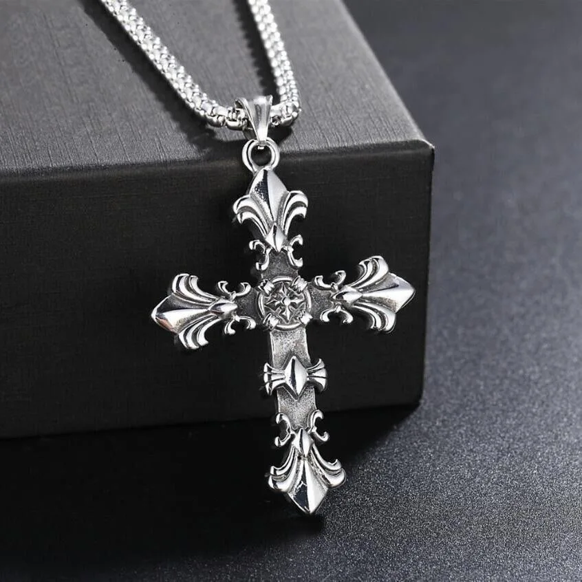 1Pc Vintage Cross Pattern Geometric Personality Fashion Style Metal Silver Color Pendant Necklace Woman Party Daily Gift