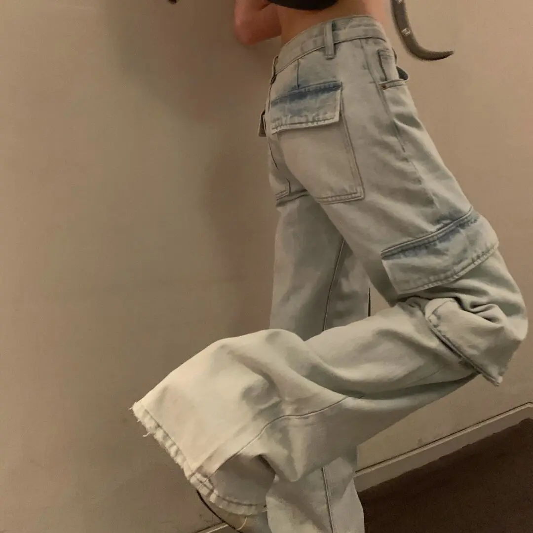 Washed Multi-pocket American Straight Loose Tooling Jeans Women's Wide-leg Floor-mopping Trousers