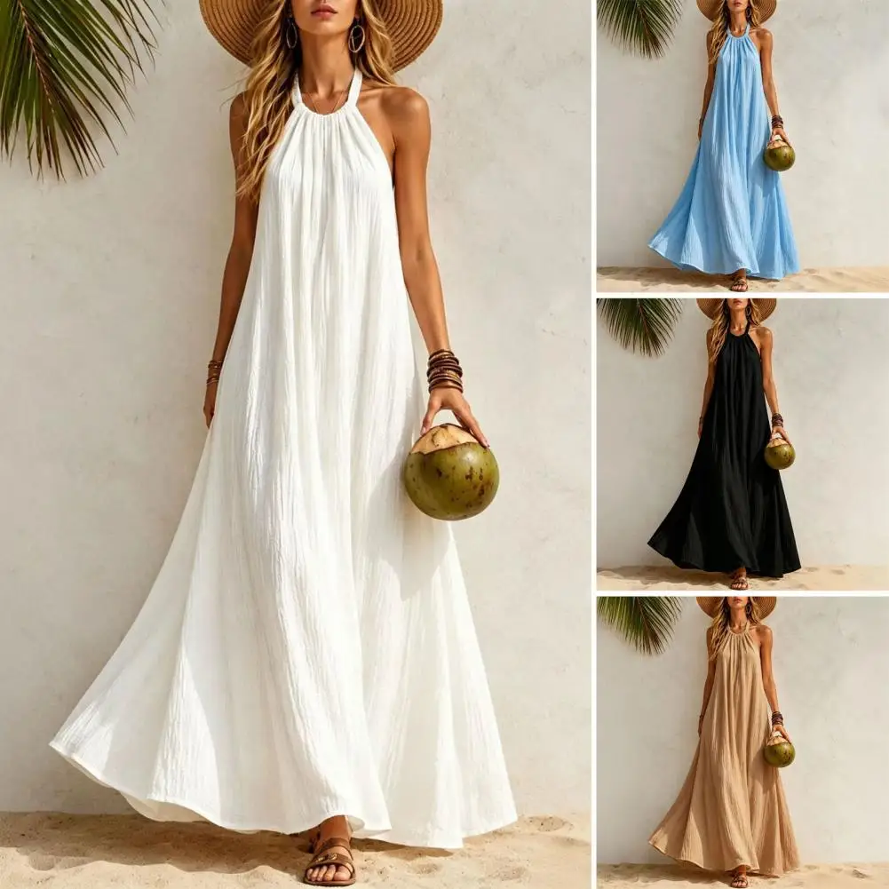 Neckholder-Maxikleid aus Leinen, Ärmelloses A-Linien-Kleid, Lässiges Langes Sommerkleid, Fließendes Urlaubs-Strandkleid für Damen