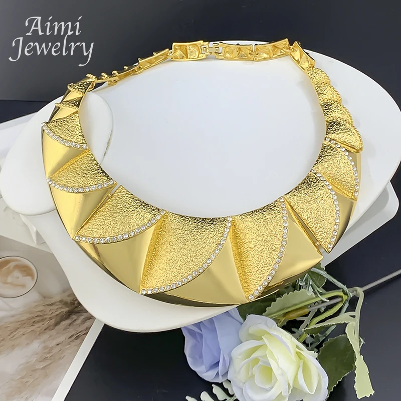 Trendy Round Chunky Choker Collar 4Pcs Jewelry Set for Women Textured Necklace Earrings Bracelet Ring Bridal Wedding Party Gifts