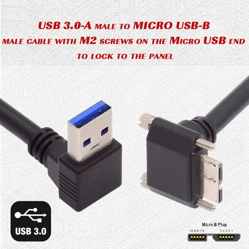 Câble USB 3.0 vers Micro USB 3.0 avec vis, câble de panneau à vis coudé haut et bas, câble de verrouillage coudé haut et bas, résistant à 90, AM MicroB, 0.25m