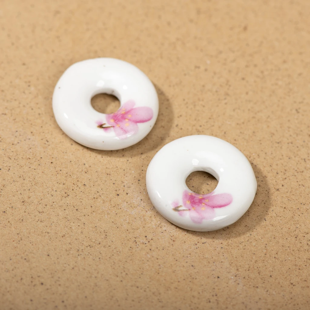 Handcrafted Ceramic Round Beads Set 2 Pieces 28x7mm Painted Porcelain Beads for DIY Jewelry Making