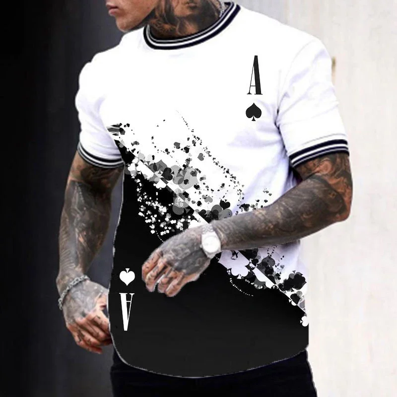 Camiseta de Hombre con Estampado de As de Picas en Blanco y Negro, Cuello Redondo, Manga Corta, Estilo Casual, Transpirable, para Verano