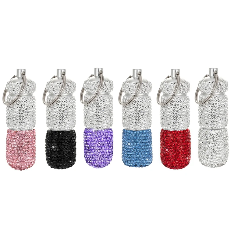 Retro Full Rhinestone Zinc Alloy Medicine Bottle Pill Box Tablet Holder Sparkling Pill Boxes Mini Pill Holder Organizer Keychain