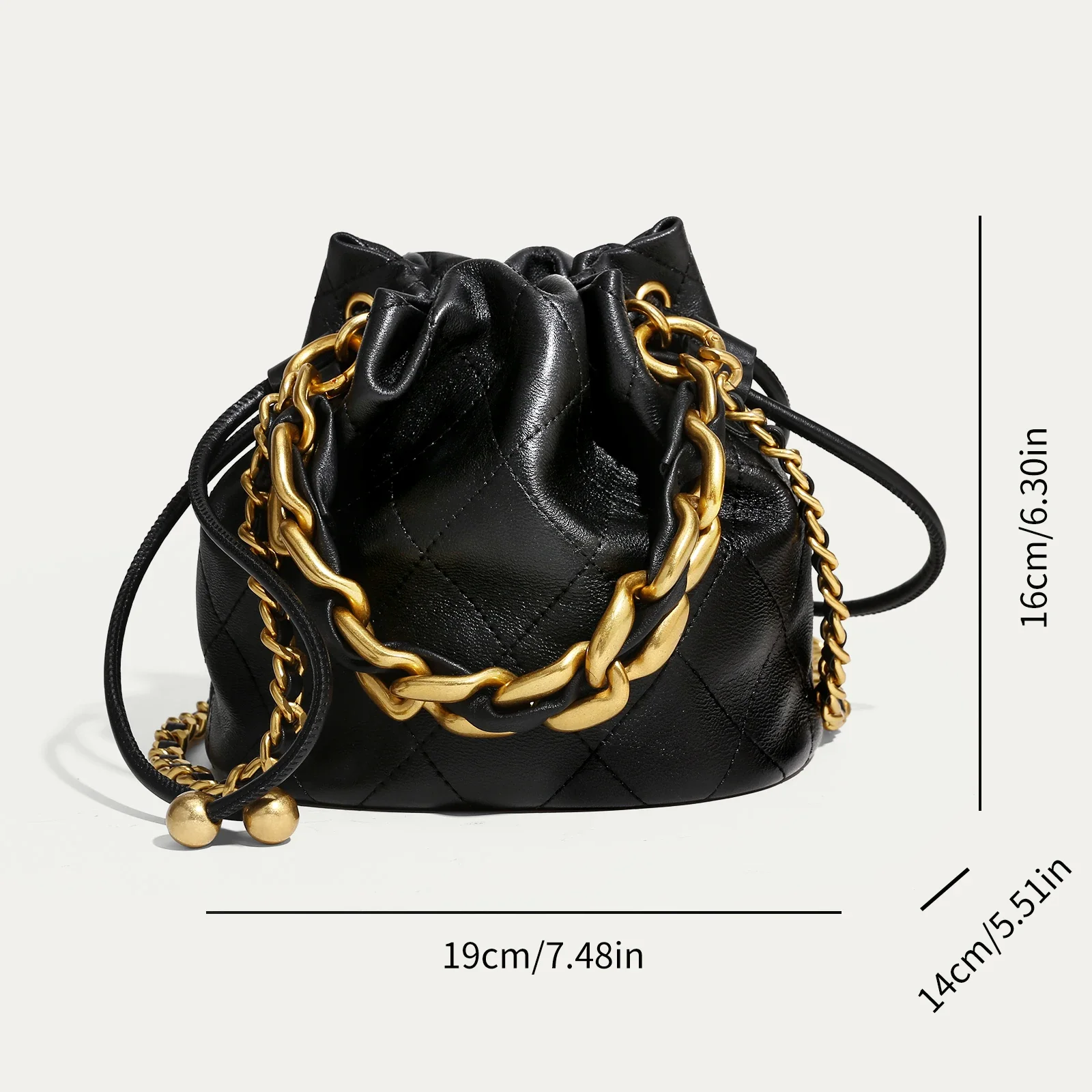 ITAMOOD Genuine Leather Quilted Drawstring Bucket Bag for Women with Chain Strap Crossbody Handbag for Daily Use and Commuting