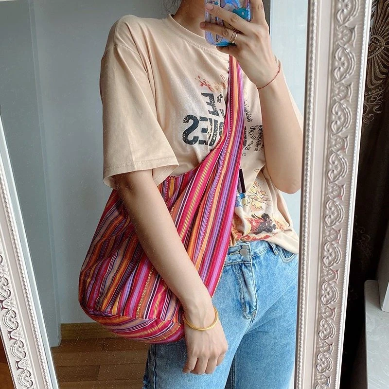 Vintage Bohemian Chic Canvas Shoulder Bag Ethnic Style Large Capacity Handbag Soft Tote Bag Casual Crossbody Bag Female Daily
