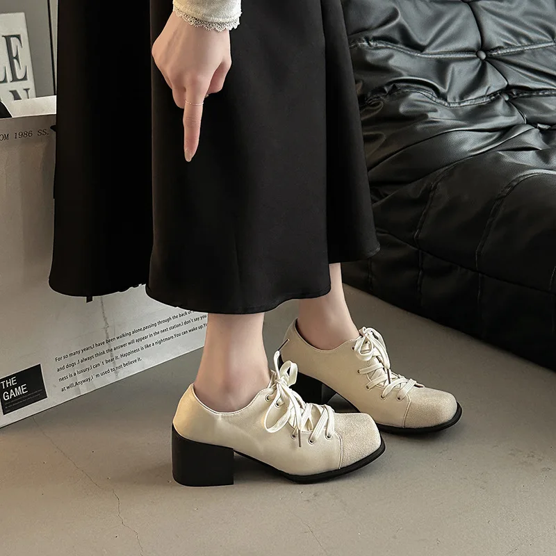 

2026 Spring Autumn New Square Toe Chunky Heel Lace-Up Leather Women's Pumps Retro Solid High Heels Dress Single Shoes