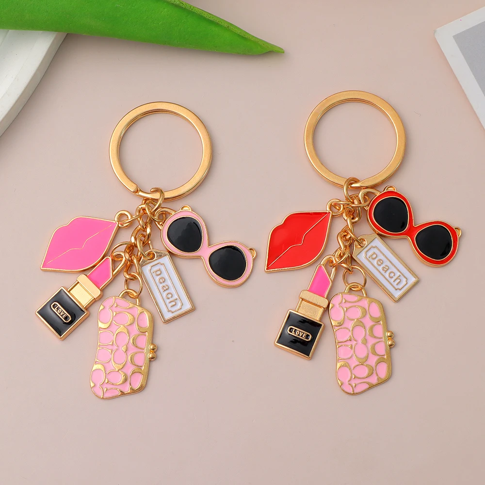 Delicate Lipstick Lips Keychain Metal Handbag Sunglasses Pendant Key Ring Car Key Holder Accessoriesfor Women Girls Party Gift