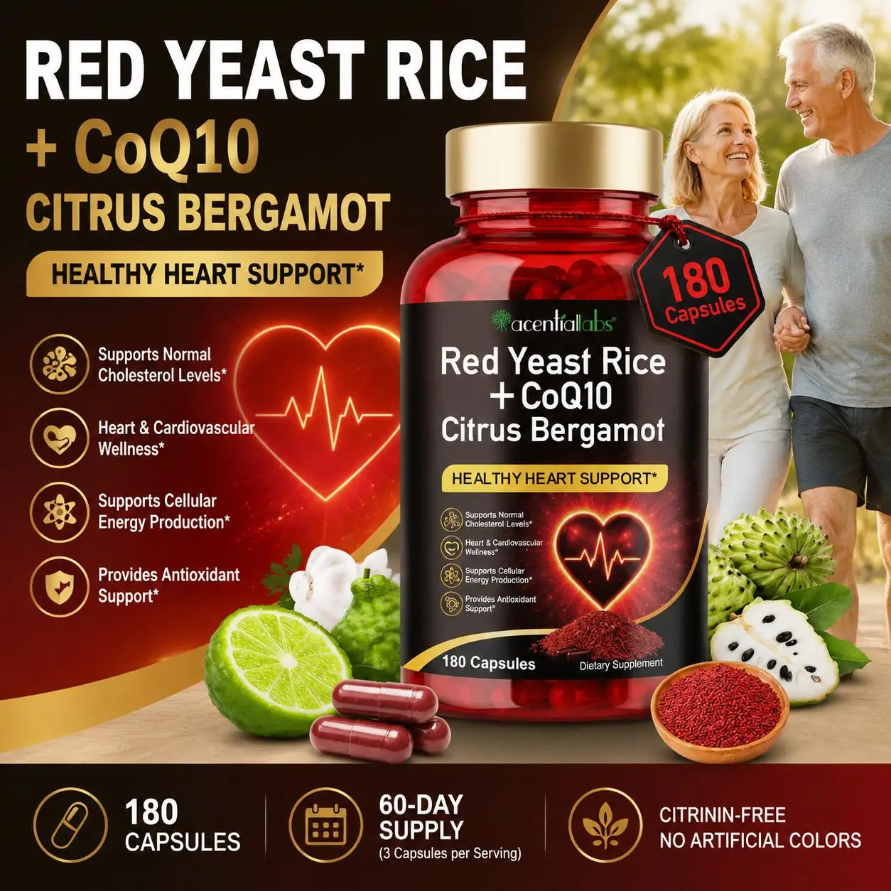Heart Support Complex Capsules Red Yeast Rice CoQ10 200mg Citrus Bergamot for Cholesterol Levels Cardiovascular Wellness 180 Ct
