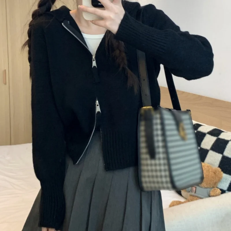 Autumn Hooded Knitted Cardigan Jacket Women\'s Cropped Base Layer Top Double Zip Sweater Inner Smooths Silhouette