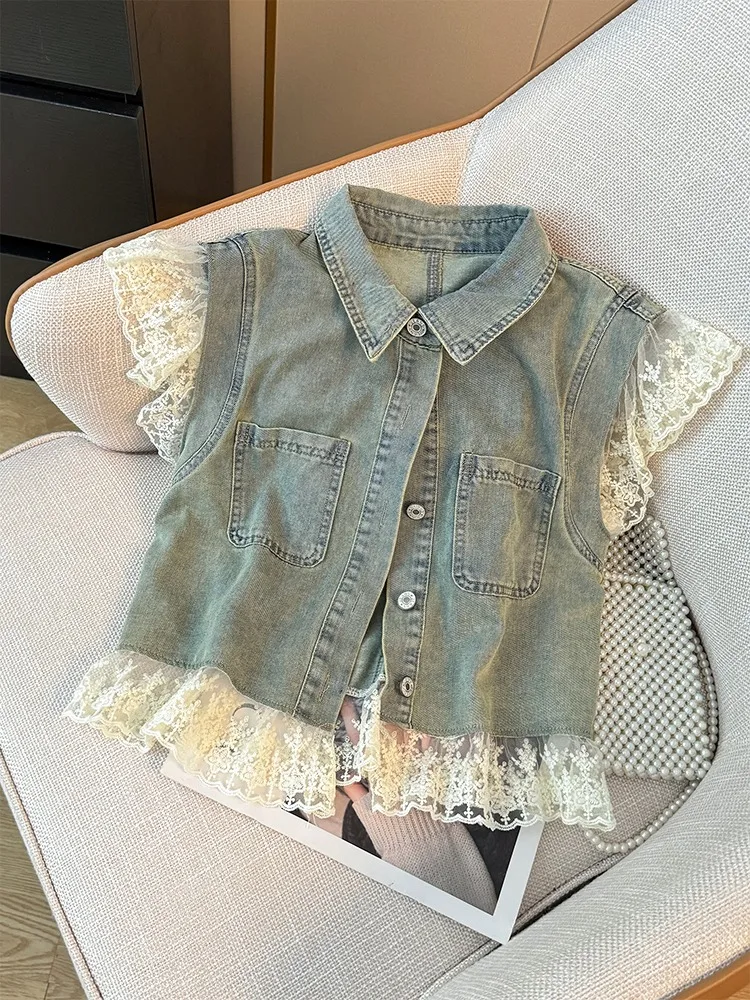 2024 Vintage Fashion Denim Shirt Vest Women's Summer High Quality Flying Sleeve Lace Stitching Loose Slimming Sweet Commuter Top