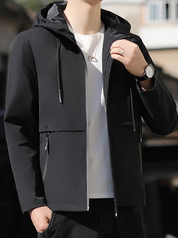 

2025 New Men's Hooded Jaet Loose Fit Youth Trend Spring Autumn Casual Outerwear Polyester Nylon Cosite Fiber Windproof