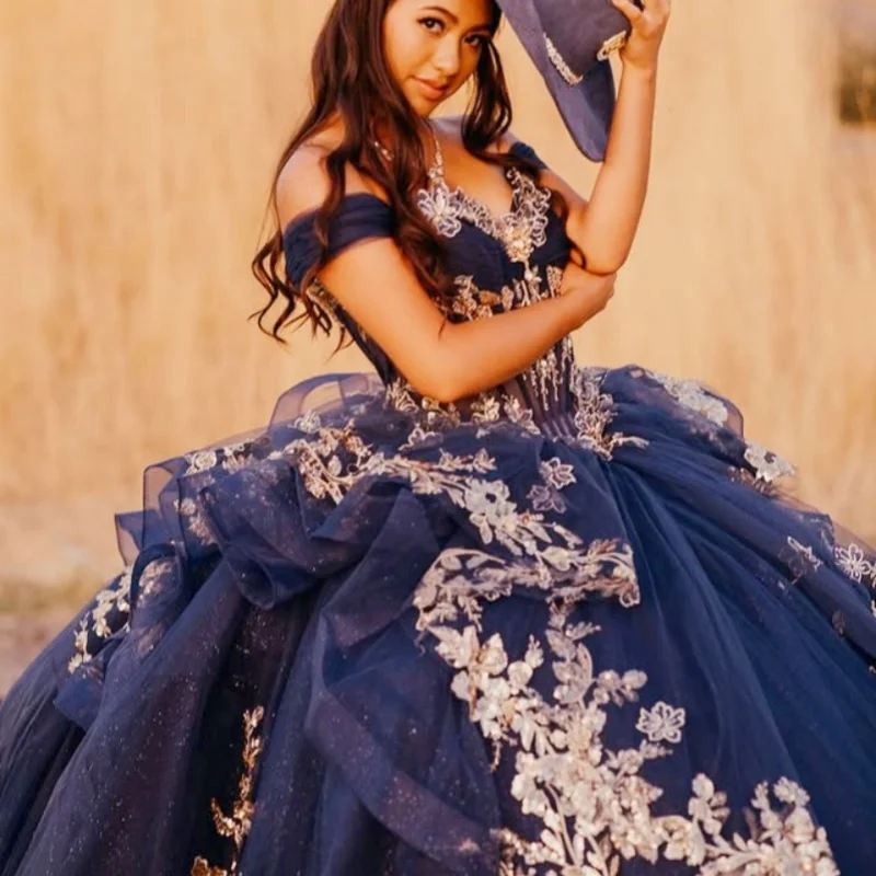 

Shiny dark blue Quinceanera Dress Lace layering crystal off-shoulder sequins Tull decal vestidos de 15 Quinceanera ﻿Customized