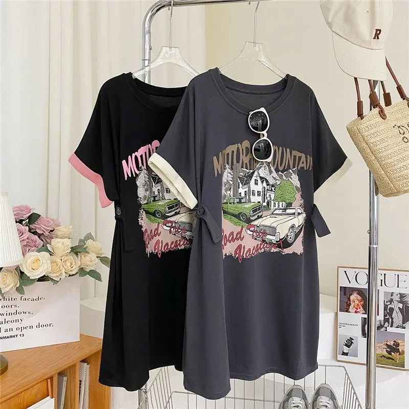 

Printing Contrast Loose T Shirts Summer New Short Sleeve O-neck Plus Size Youth Tops Tees Street Casual Trend Women Clothing