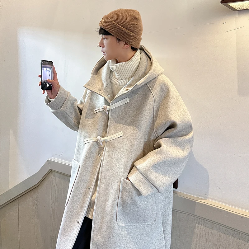 

LAPPSTER-Youth Korean Fashion Woolen Hooded Long Trench Coat Streetwear Overcoat Wool Windbreaker Jackets Winter Harajuku Coats