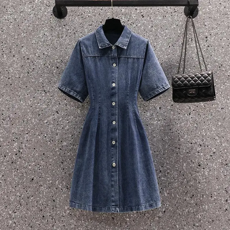 

MissLymi L-4XL Big Size 2022 Summer Women Vintage Denim Dress Turn-down Collar Short Sleeve Collect Waist A-line Short Vestidos