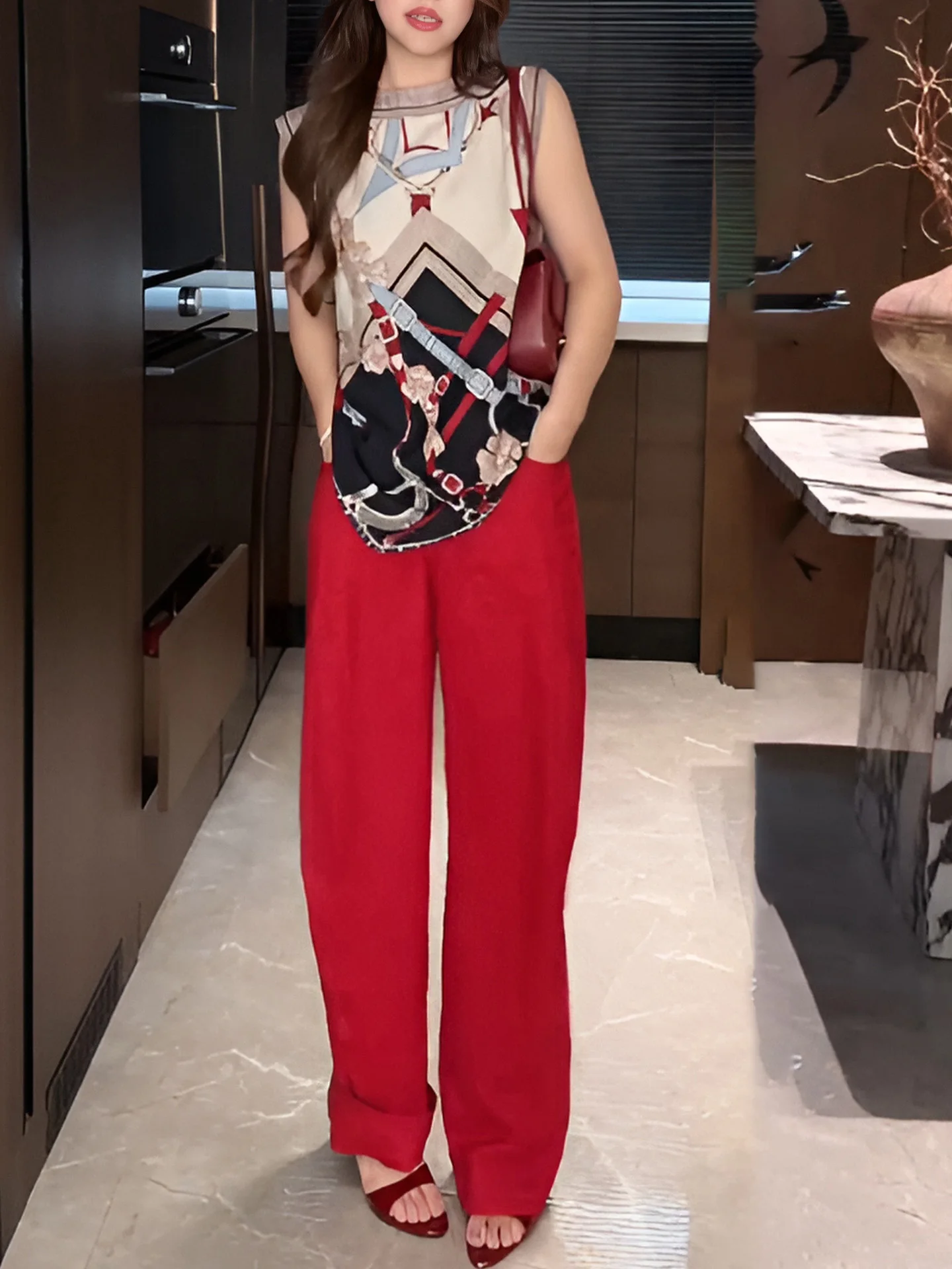 

Retro Floral Print Sleeveless Vest Top Women's Summer New Breathable Casual Wide Leg Pants Set Korean Style Versatile Ensemble