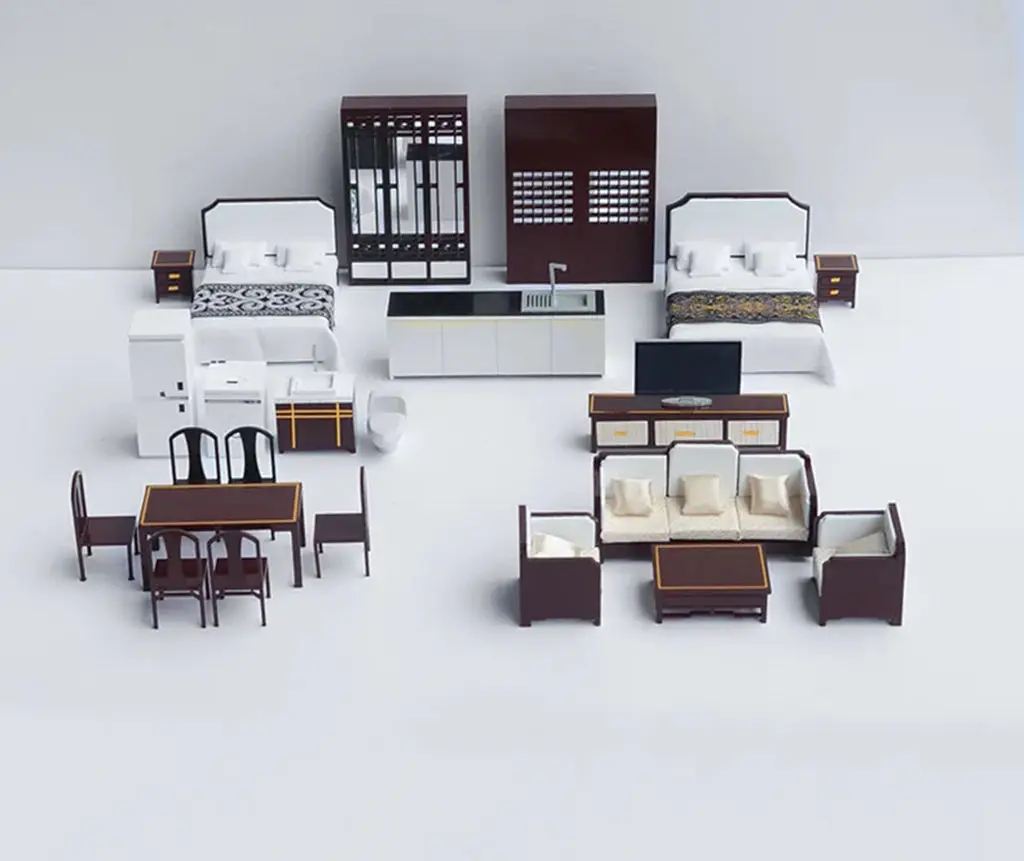 1:30 Scale Miniature Dollhouse Furniture Set, Tiny Home Decor Model with Bed, Sofa & Appliances for Architectural Diorama & Mode