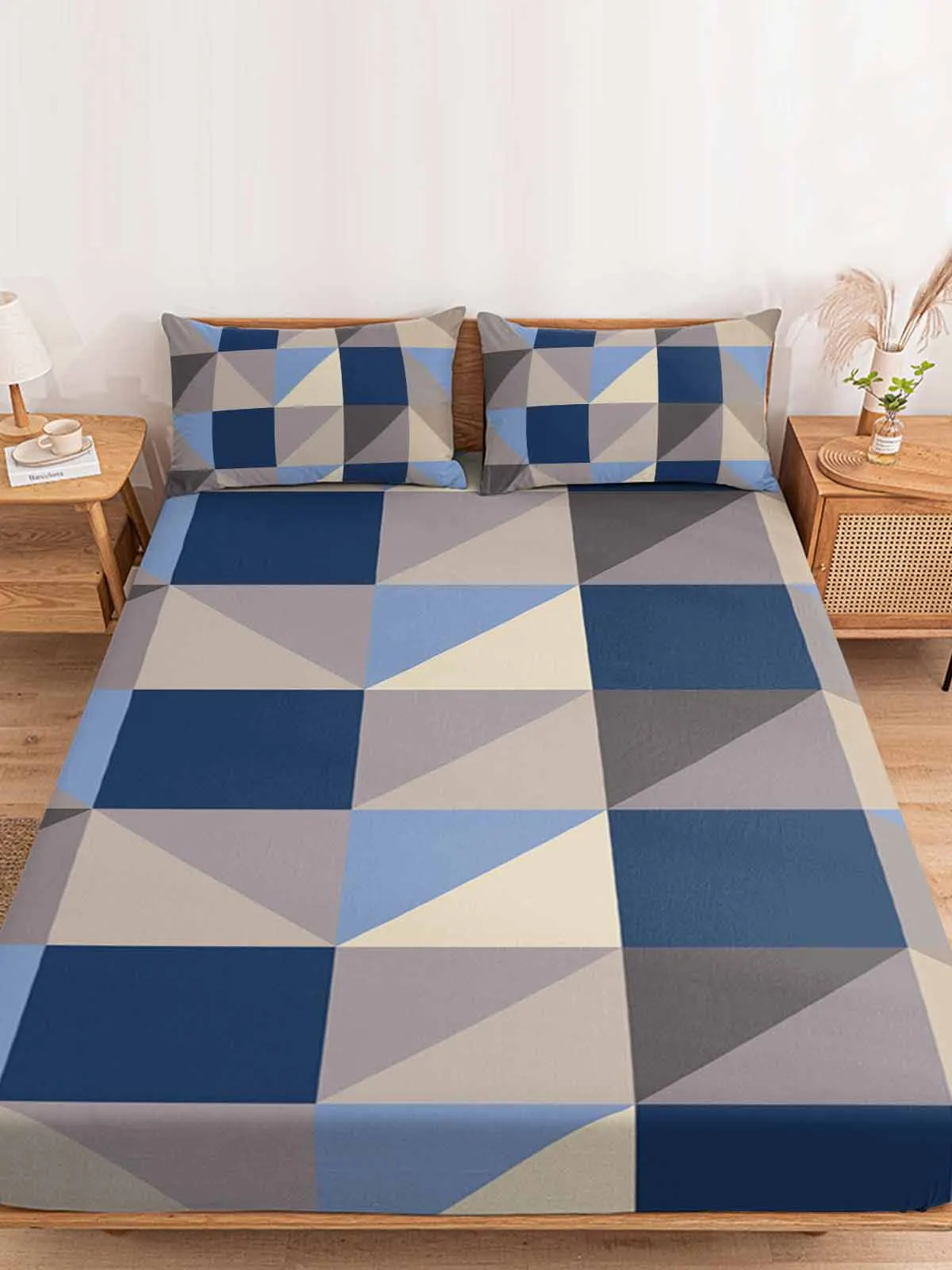 

Geometric Blue Triangle Polyester Fitted Sheet Mattress Cover Four Corners Elastic Band Bed Sheet Pilllowcase