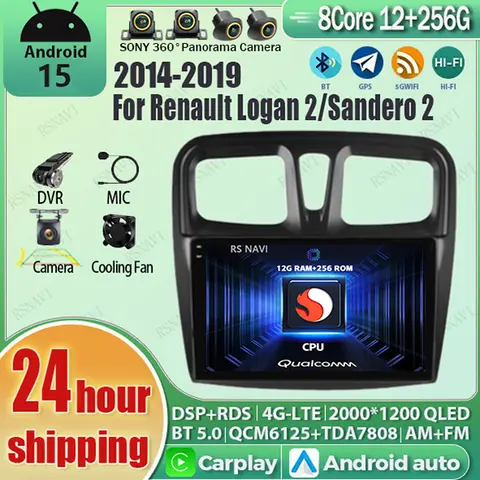 안드로이드 15 카플레이 오토 2K 스크린 카 라디오 멀티미디어 플레이어 르노 로건 2 산데로 2 2012-2019 오토라디오 스테레오 헤드 유닛