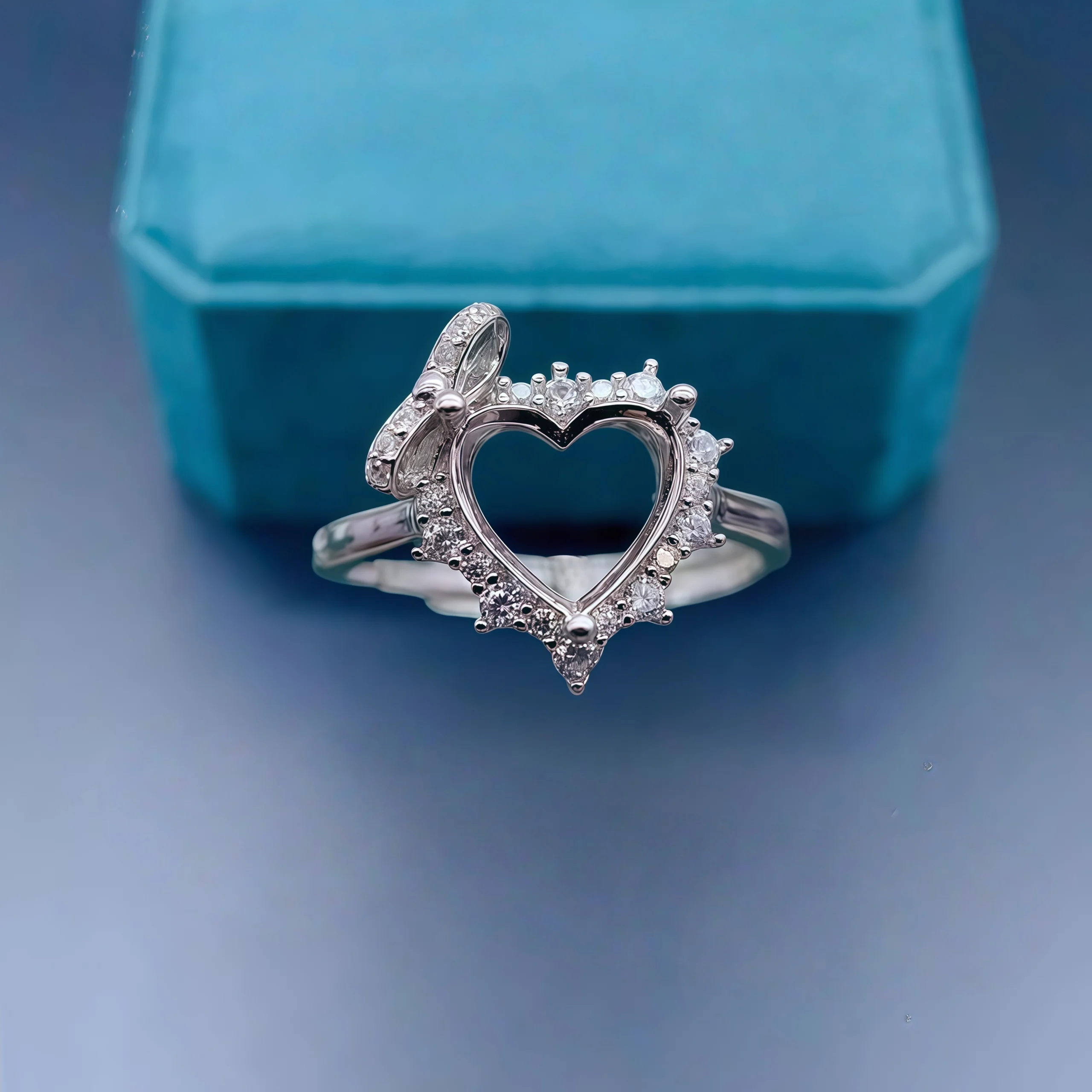 

Fashion DIY Empty Ring Holder S925 Sterling Silver 8mm Heart-shaped Stone Fine Bow Design Charm Weddings Jewelry for Woman