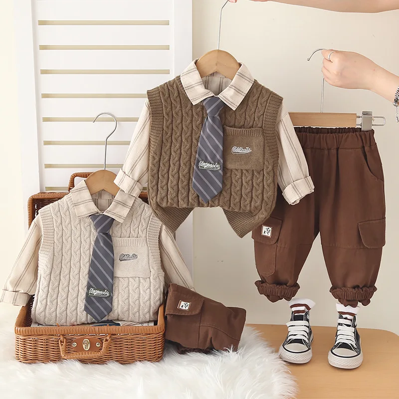 

2025 New Boys Autumn Sweater Vest Pants Set with Tie Shirt Korean Preppy Style 3-Piece Outfit Baby Toddler Kids Fashion Clothes