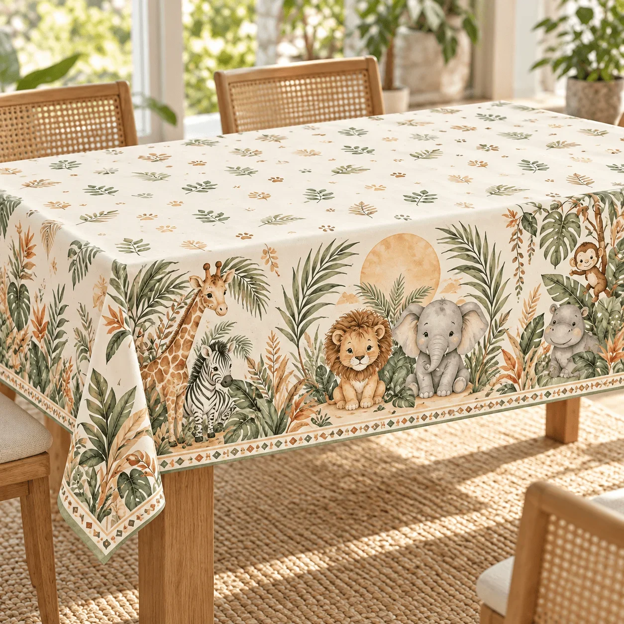 1 rectangular tablecloth, made of polyester, brings a tropical garden to the table