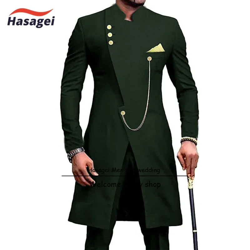 Men\'s Indian Style Suit 2 Piece Suit, Long Jacket Wedding Groom Tuxedo Single Breasted Jacket Pants Formal Party Clothes