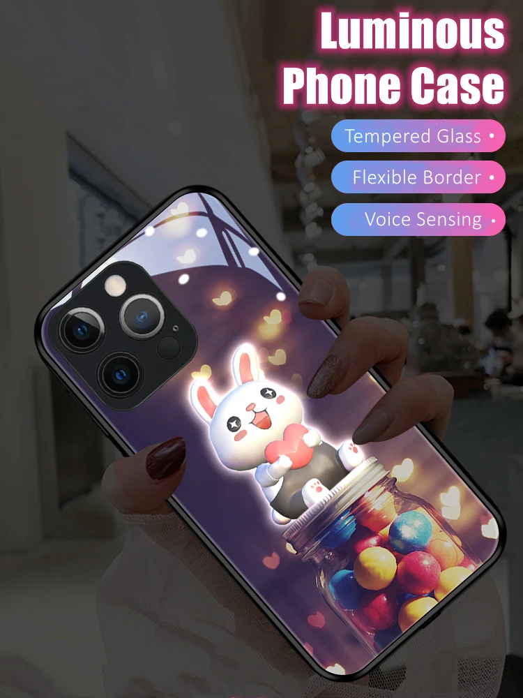 Rabbit Valentine’s Day Lovers Gift LED Light Glowing Luminous Phone Case for iPhone 11 12 13 14 15 X Xs Xr Mini Pro Max Plus