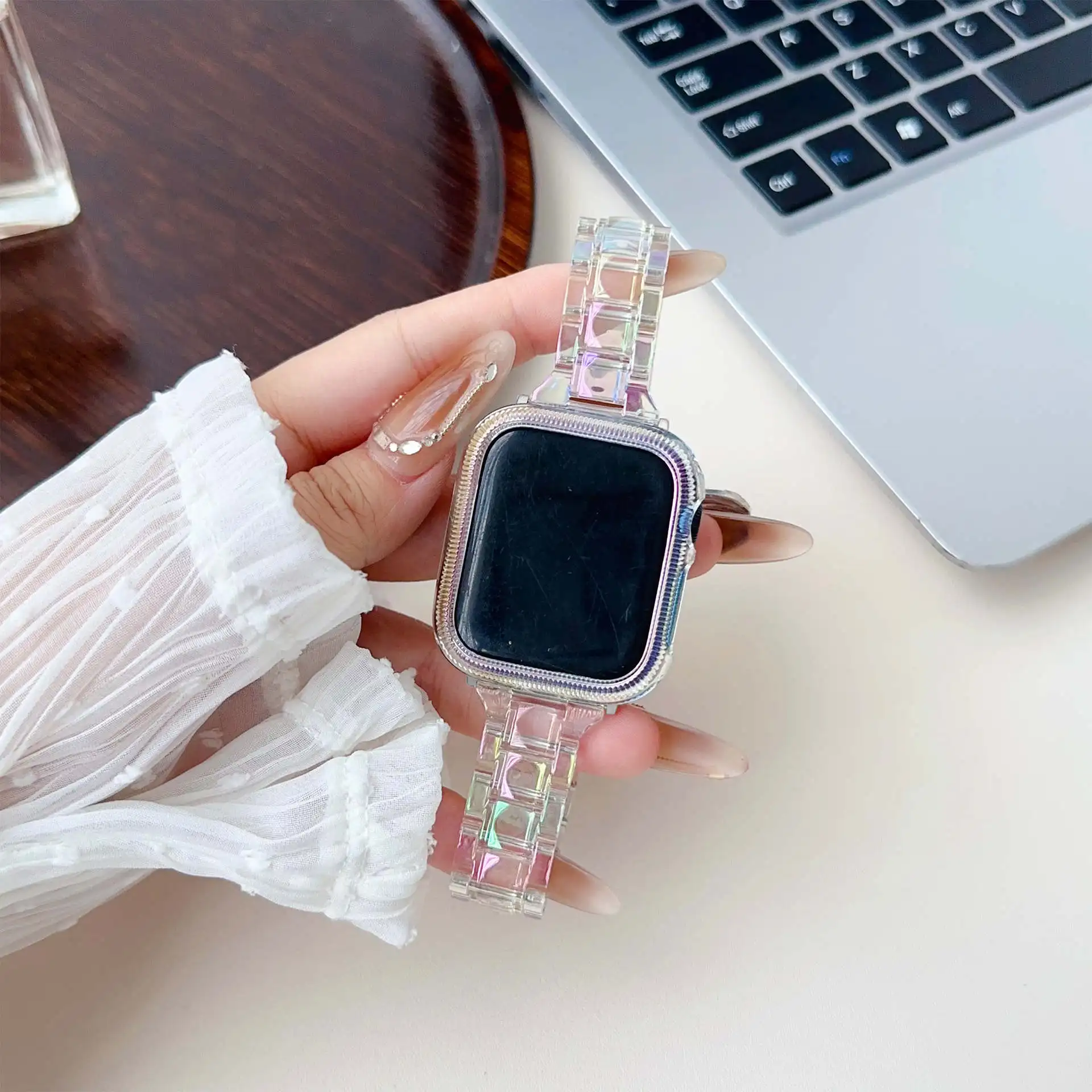 Laser-transparentes Acryl-Armband + Gehäuse für Apple Watch Band 42mm 46 41 38 45 44 49 40mm Damenarmband für iWatch Serie 11 10 9 8