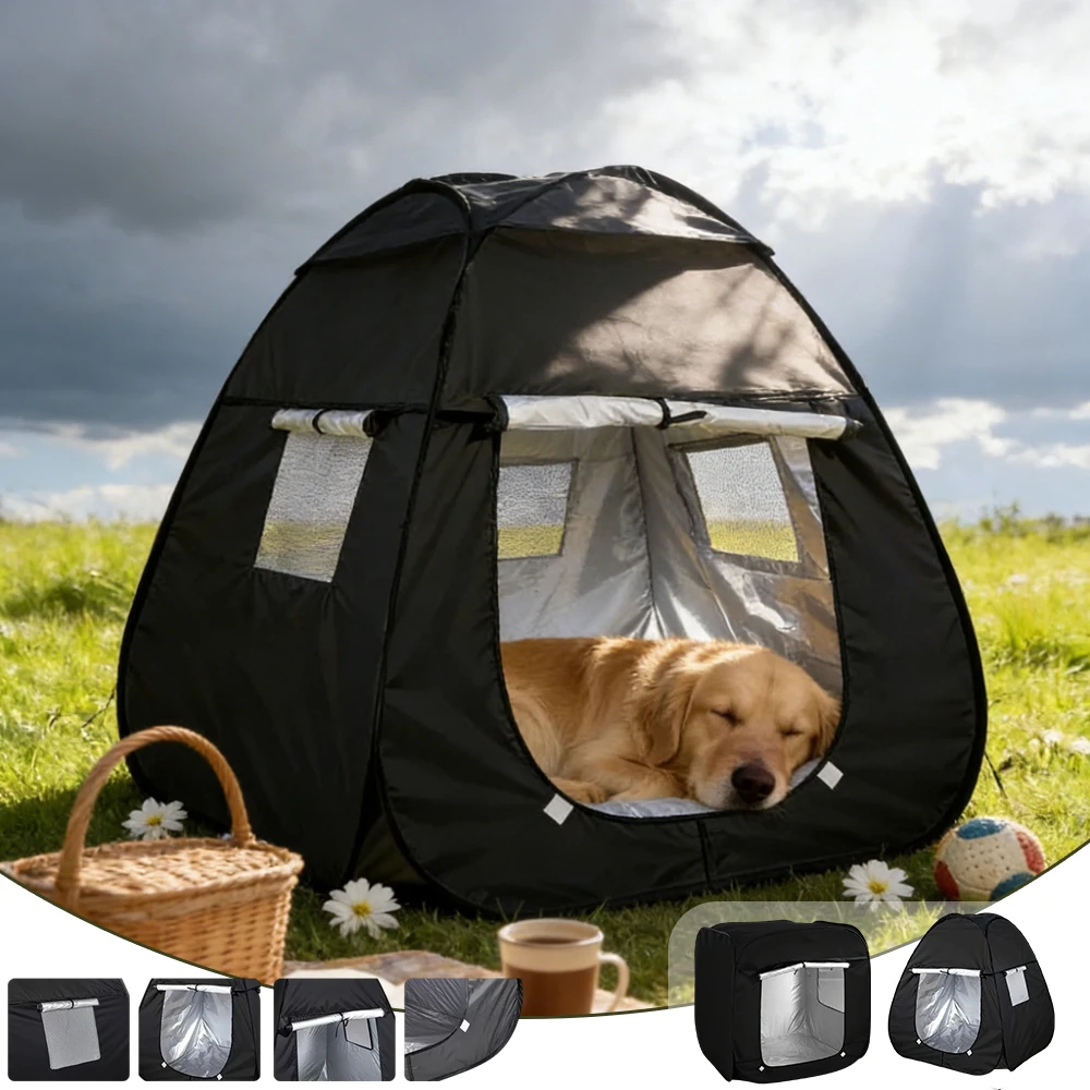 

Black Foldable Dogs Tent Coated Silver Outdoor Travel Pet Shelter Nest Bed Windproof Cat House with Shade Cloth for Medium Dogs