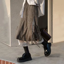Autumn Women's Skirts Vintage High Waist Patchwork Skirts for Ladies Korean Lace Up Long Skirts Y2K Streetwear Women's Clothing