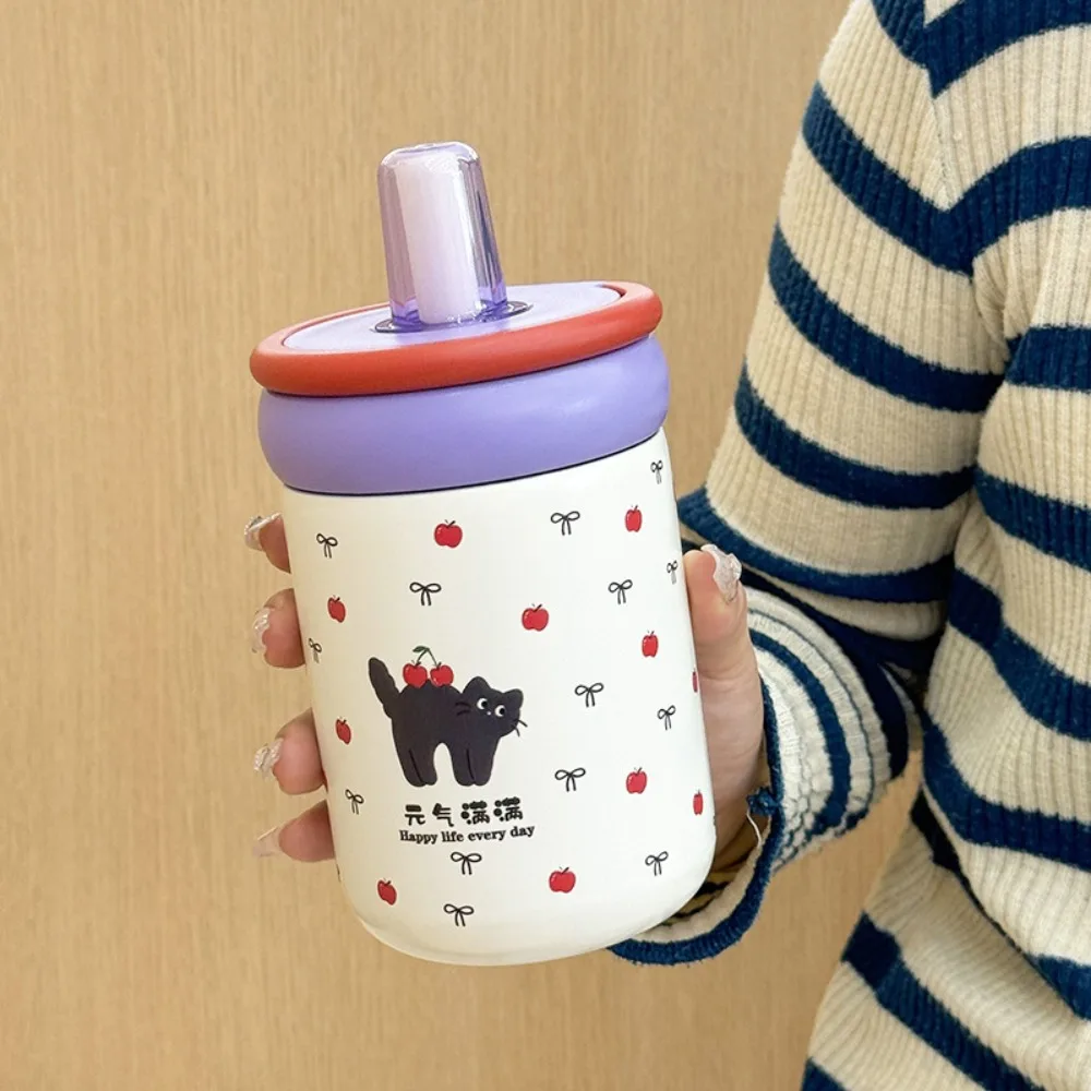 500ml Insulated Water Cup Black Cat 316 Stainless Steel Thermos Bottle Portable Vacuum Flask Straw Drinking Cup Cold Hot Mugs