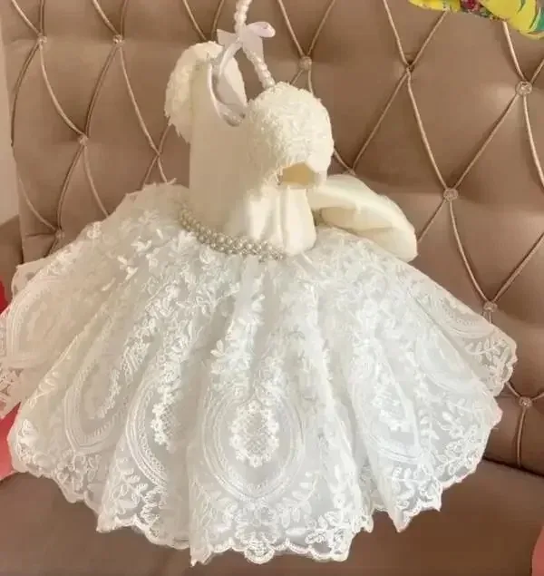 Customized Wedding Lace Infant Toddler First Birthday Dress with Bow Kids Clothes Pearls Applique Flower Girl Dress