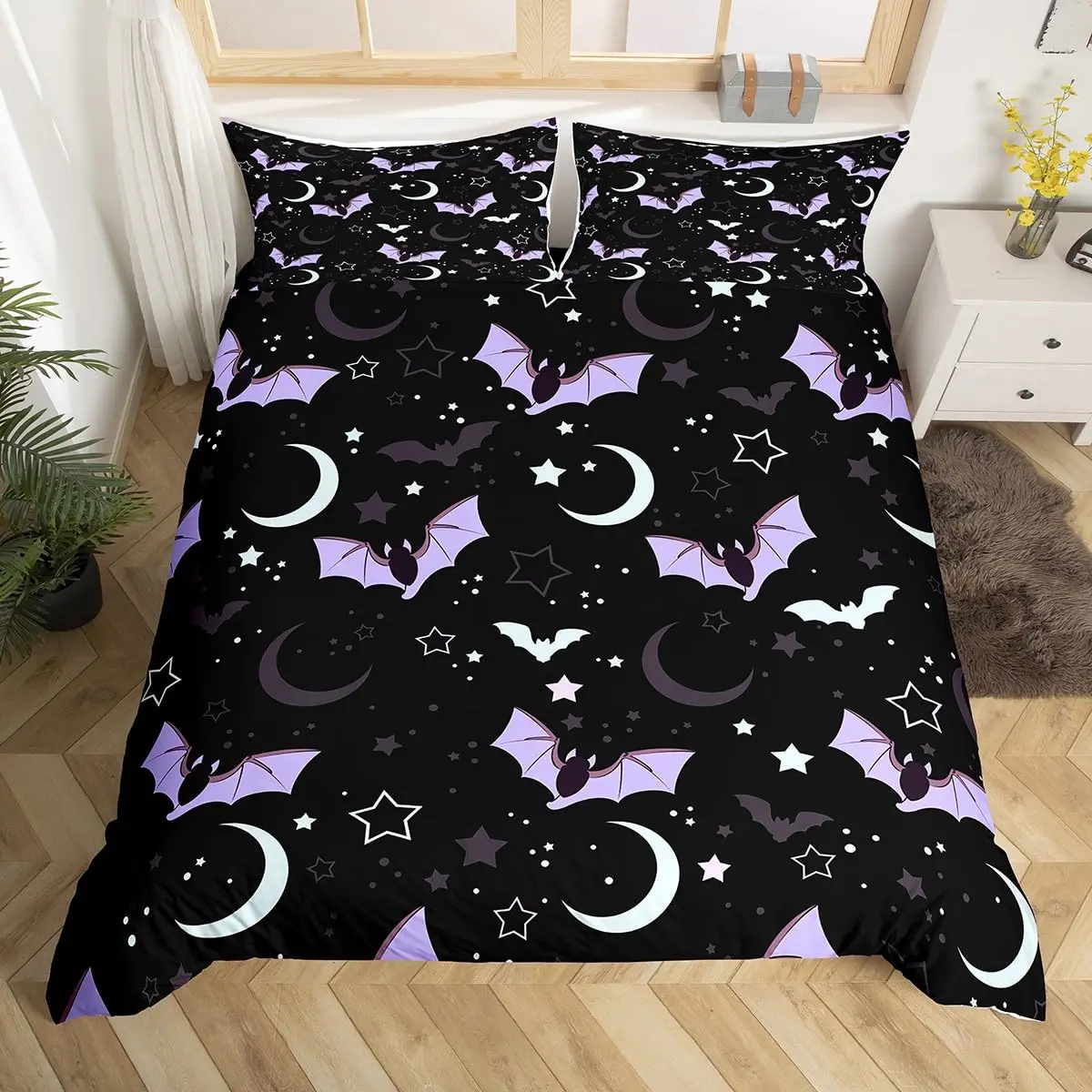 Cartoon Purple Bat Gothic Duvet Cover Halloween Bats Bedding Set Star Quilt Cover Spooky Dark Shadows Silhouette Halloween Decor