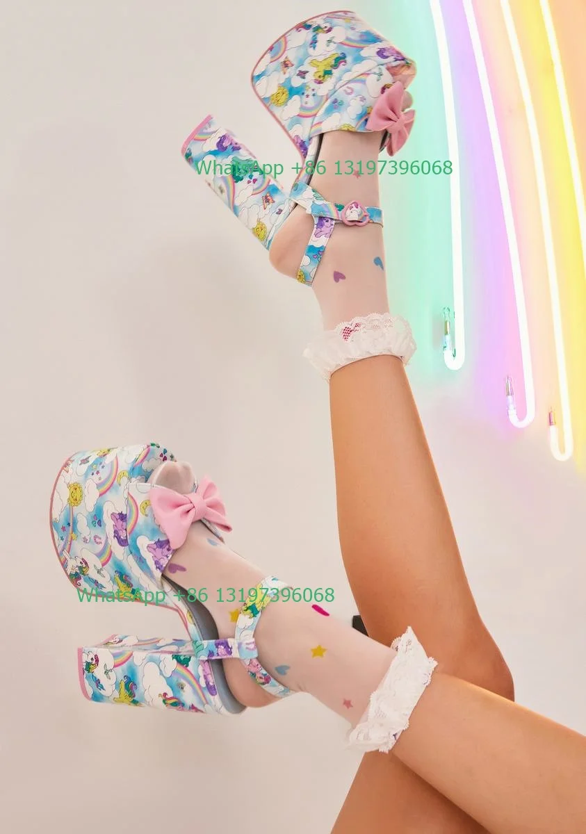 Lady cute print platform sandals pink bow tie design high heels peep toe dress summer Mary Janes shoes footwear large size