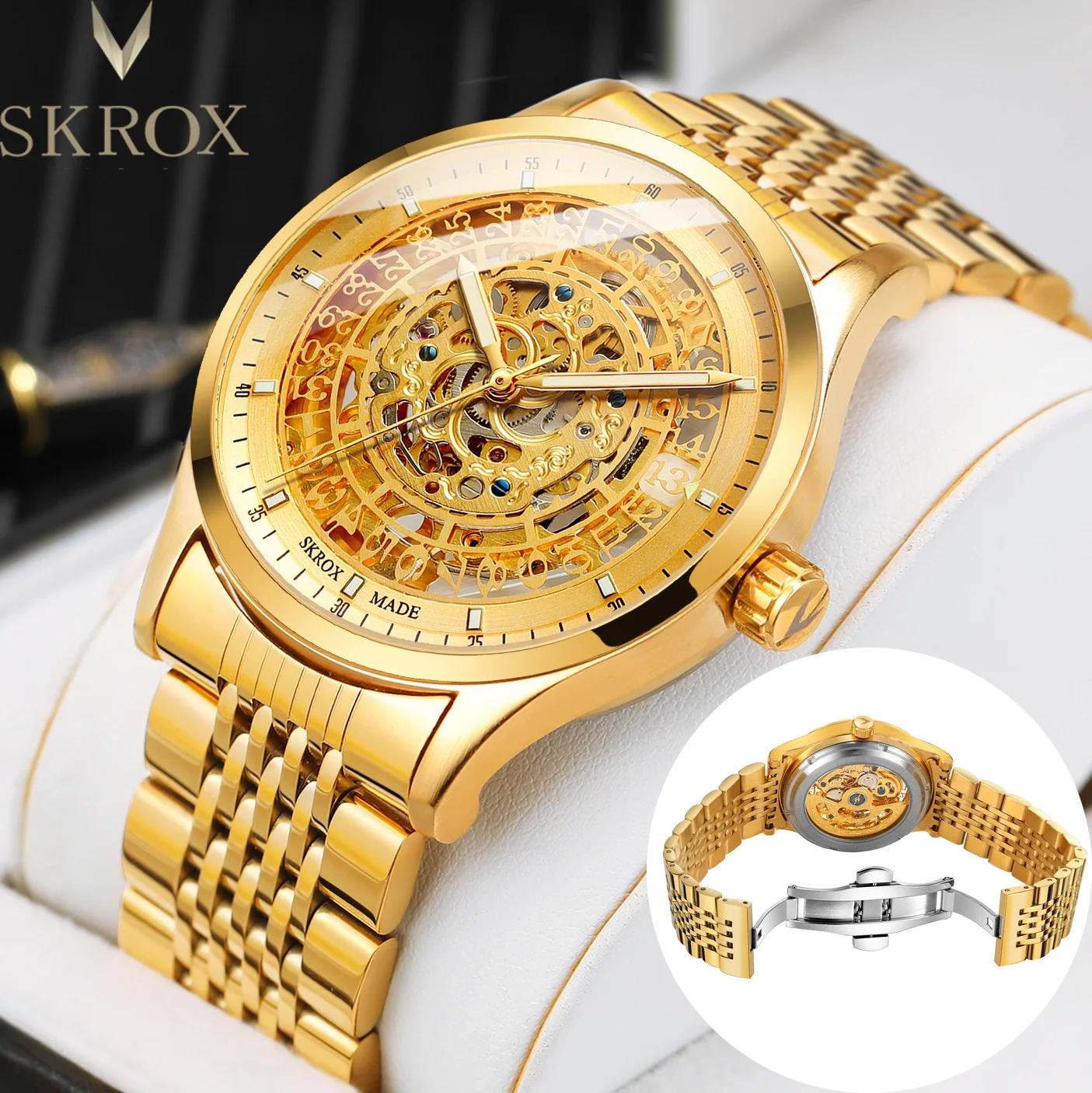 Original Brand SKROX Luxury Man Watch Stainless Steel Strip Gold Skeleton Automatic Mechanical Waterproof Men\'s Wristwatch Clock