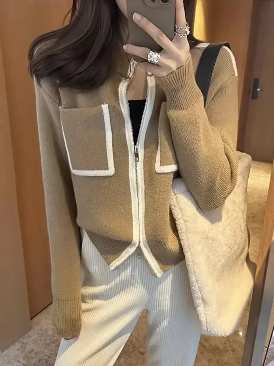 Elegant Knit Cardigan Women Chic Zipper Long Sleeve Stand Neck Female Sweater 2023 Autumn Korean Soft Panelled Slim Lady Coat