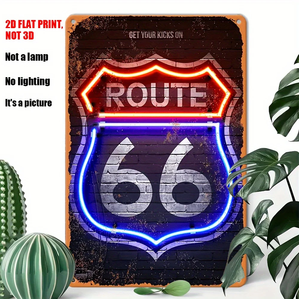 2D Retro Neon Metal Wall Art On Highway 66, Non Illuminated, 12 * 8 Inches With Bright Red And Blue 