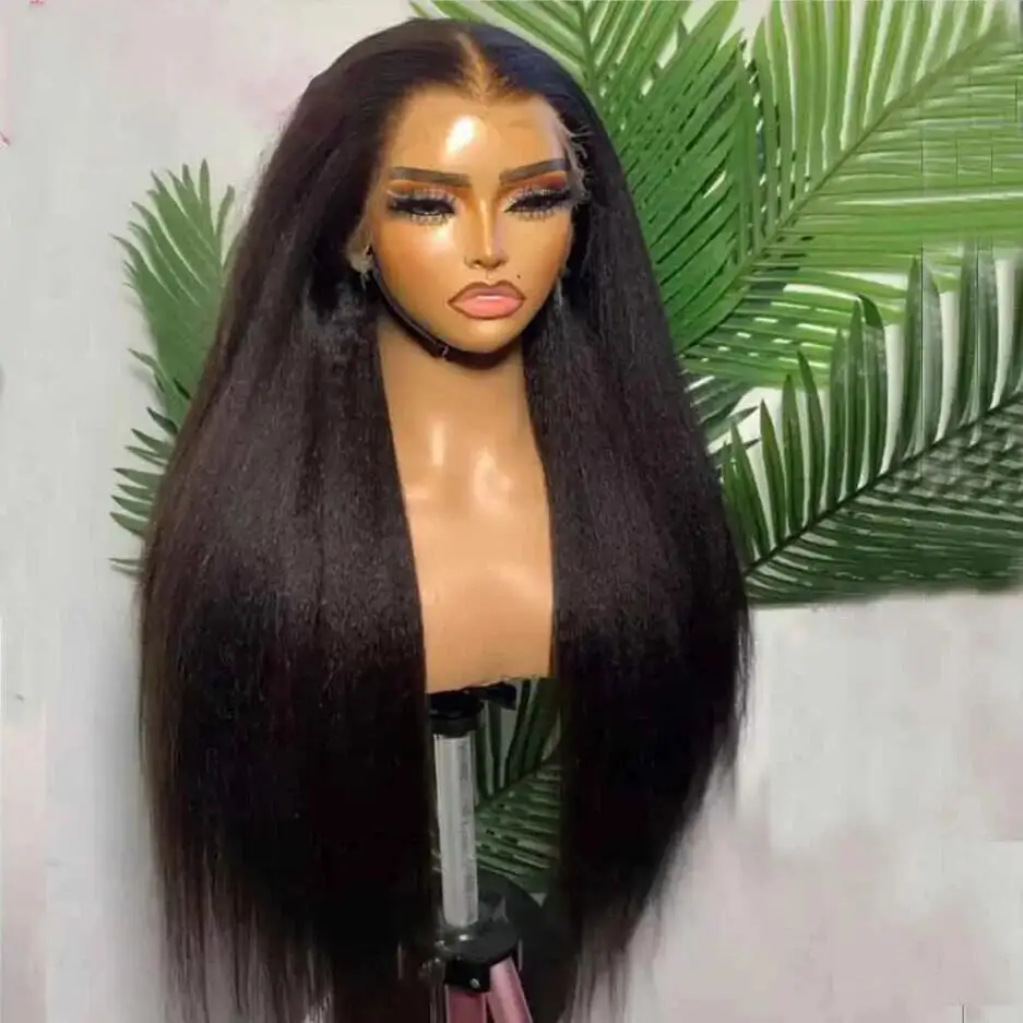 Natural Black 180Density 26“Yaki Kinky Straight Soft Glueless  Lace Front Wig For Women With Baby Hair Preplucked Heat Resistant