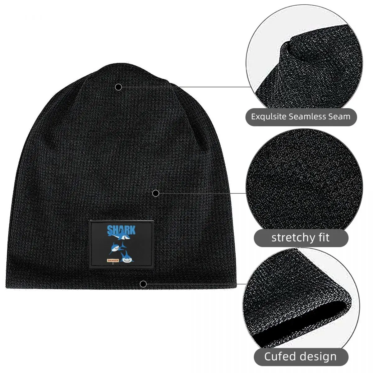 Funny Shark Danger - Crazy Sark Lady Waffle Knit Fleece Lined Beanie with PU Leather Patch Unisex Warm Winter Soft Cap