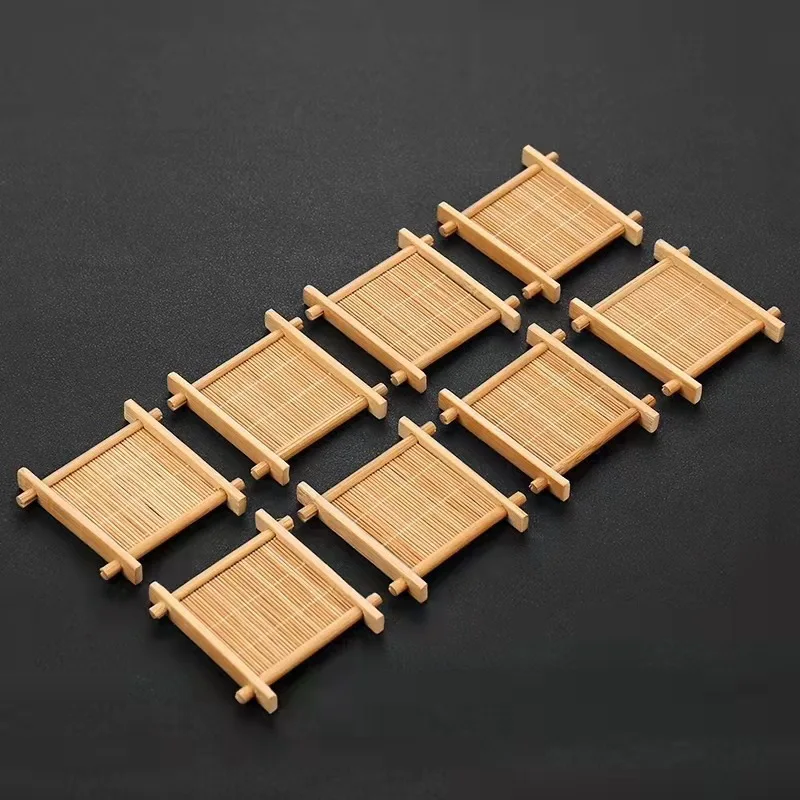 

8pc Carbonized Bamboo Coaster Set, Japanese Style Grid Pattern Heat Insulation Mat for Tea Ceremony, Cup Holder